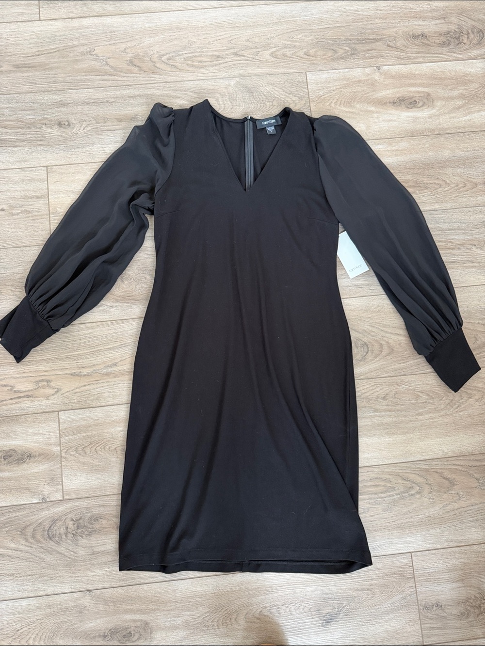 Karen Kane Black V-Neck Long Sleeve Sheer-Sleeve Dress